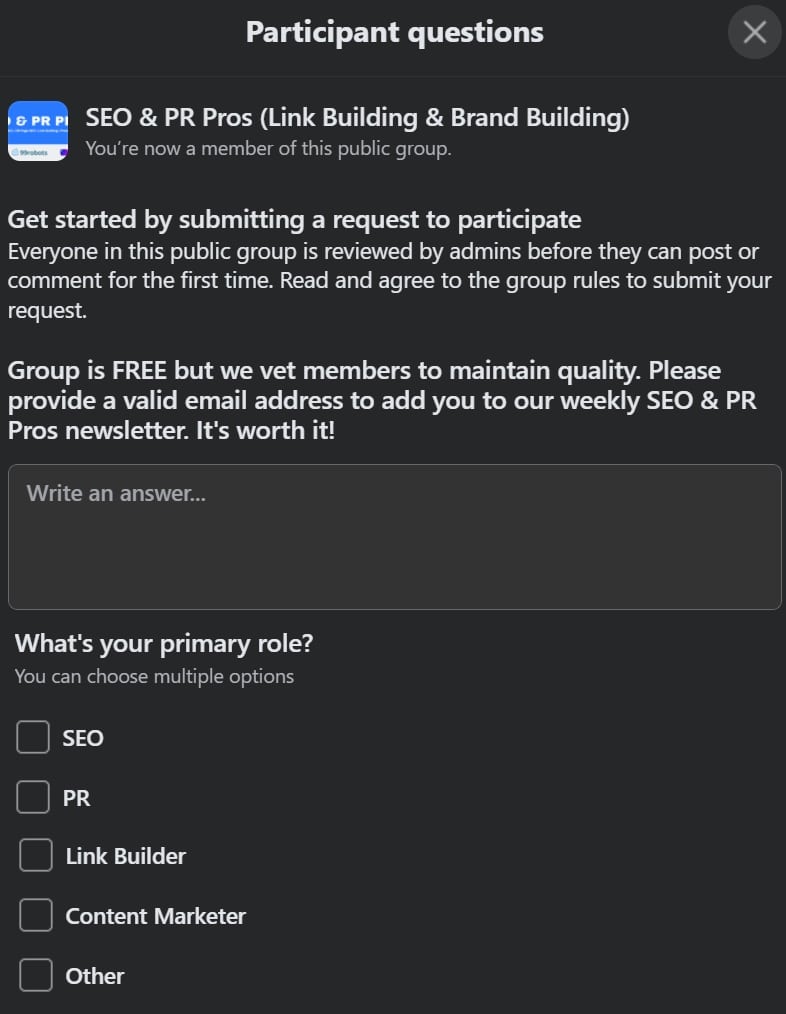Zero-Party Data: SEO Pilot FaceBook Community Group Join Form