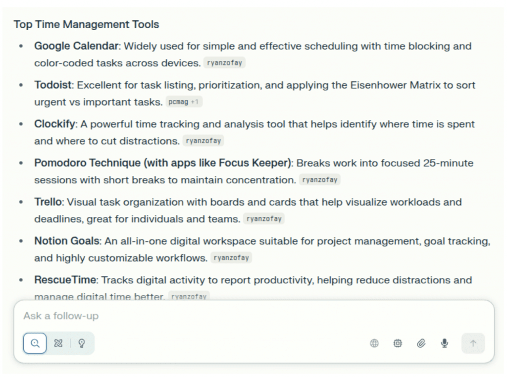 Perplexity provides an answer to a prompt.